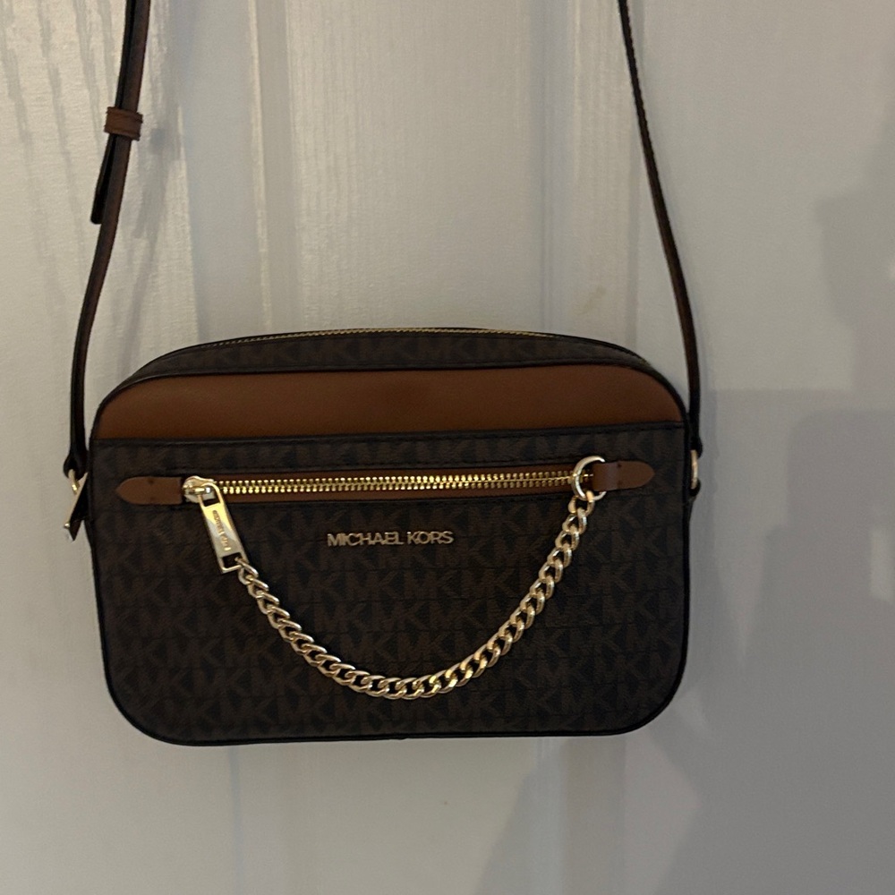 Michael Kors Dark Brown and Gold Chain Crossbody Bag